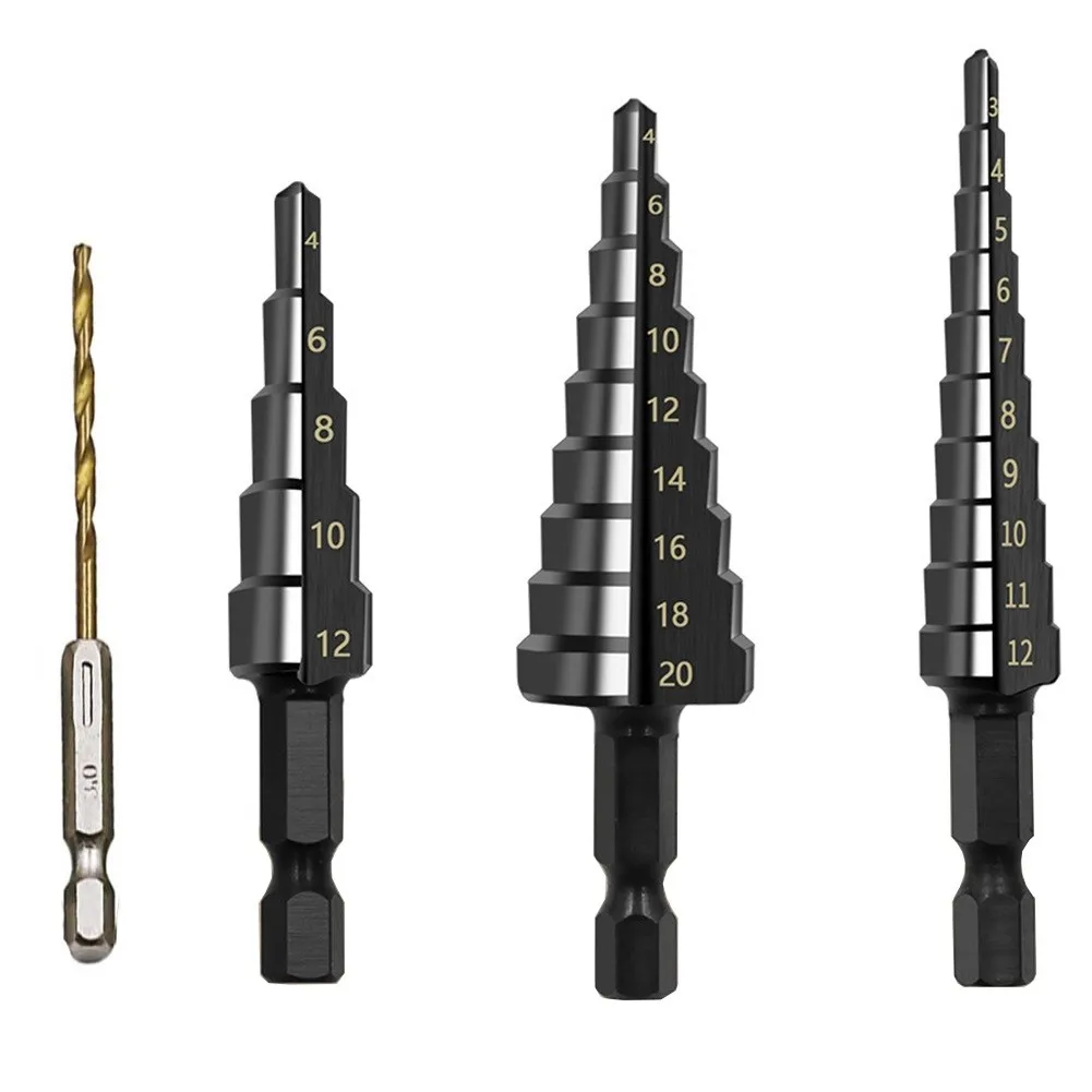 Heavy Duty Nitrogen Coated Straight Groove Step Drill Bit Set 3 12mm 4 12mm 4 20mm Hole Cutters for Tough Materials