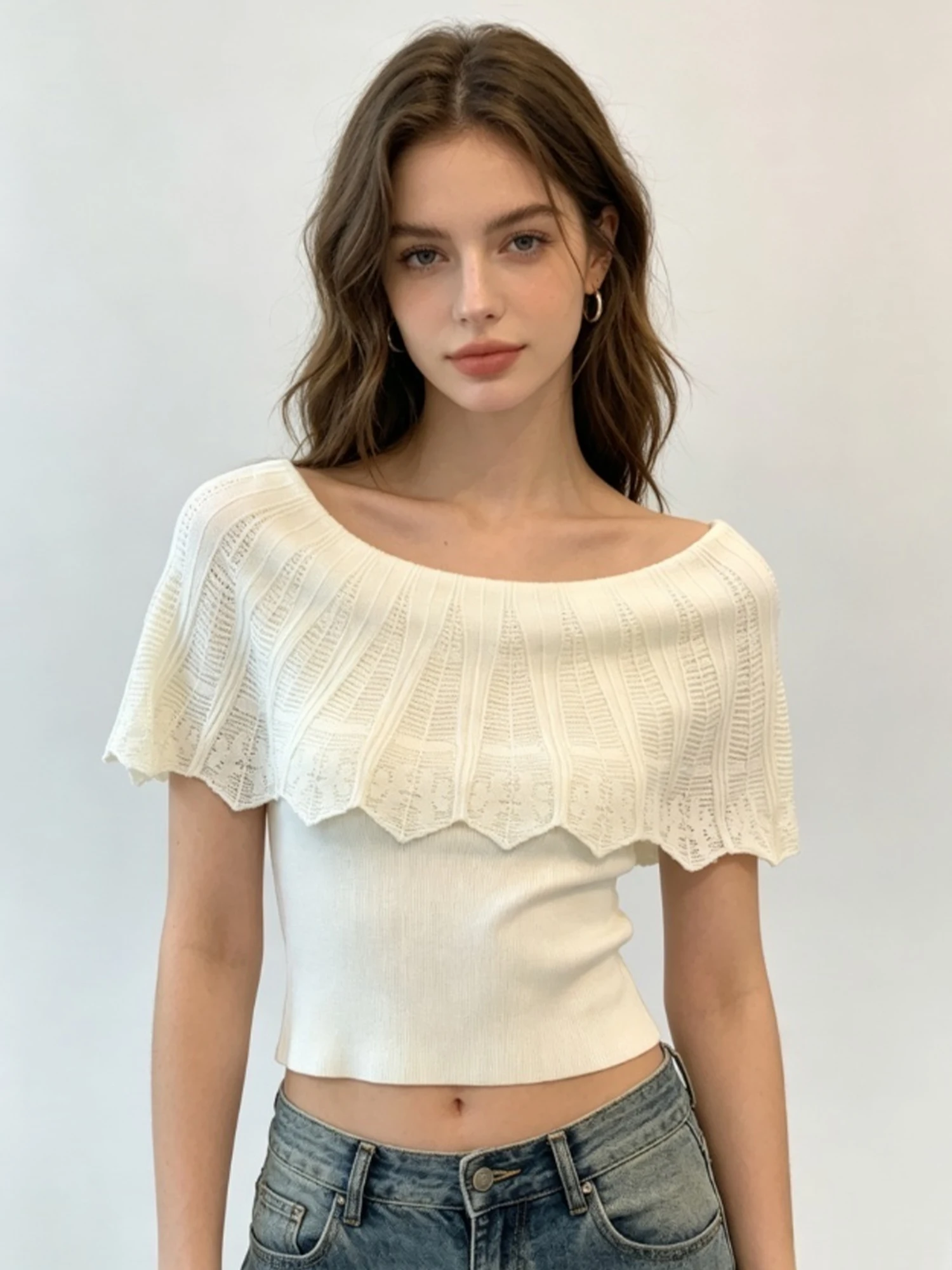 Women Apricot T-Shirt Off Shoulder Fake Two-Piece Y2K Gyaru Vintage French Elegant Tight Knit T-shirt Top for Women Summer 2026