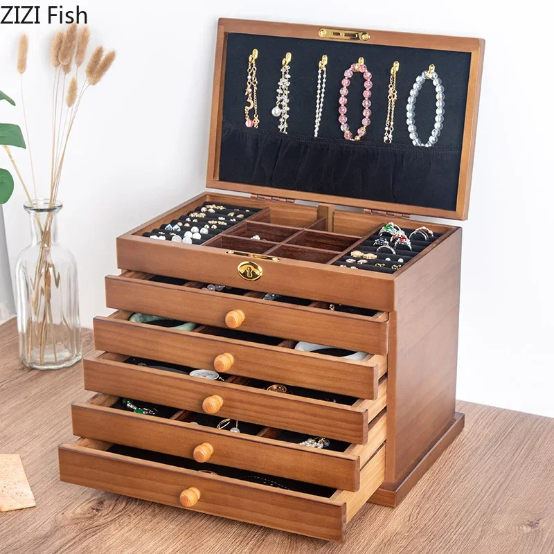 

Six Layers Drawers Separate Grid Storage Box with Lock Carved Flower Wood Makeup Box Vanity Mirror Jewelry Earrings Hanging Rack