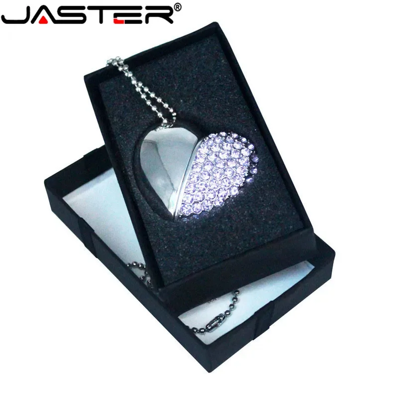 JASTER Pen Drive 2.0 Crystal Heart + Black Box Pen Drive Gemstone 64GB 32GB 16GB Free Key Chain Love Memory Stick Wedding Gift