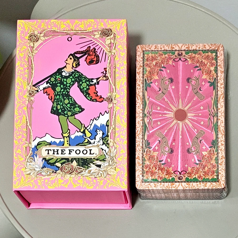 Waterproof Durable PET Plastic Tarot Pink & Rose Gold Foil Tarot Cards 78-Card Deck with Box 12x7cm