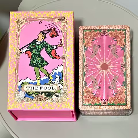 Waterproof Durable PET Plastic Tarot Pink &amp; Rose Gold Foil Tarot Cards 78-Card Deck with Box 12x7cm