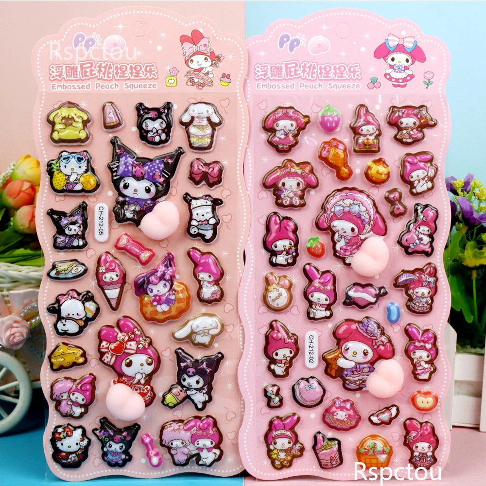 6pcs Sanrio Butt Relief Stickers Leuke My Melody Kuromi Cinnamoroll Decoratie Sticker Kawaii Stress Puffy Decals Levert