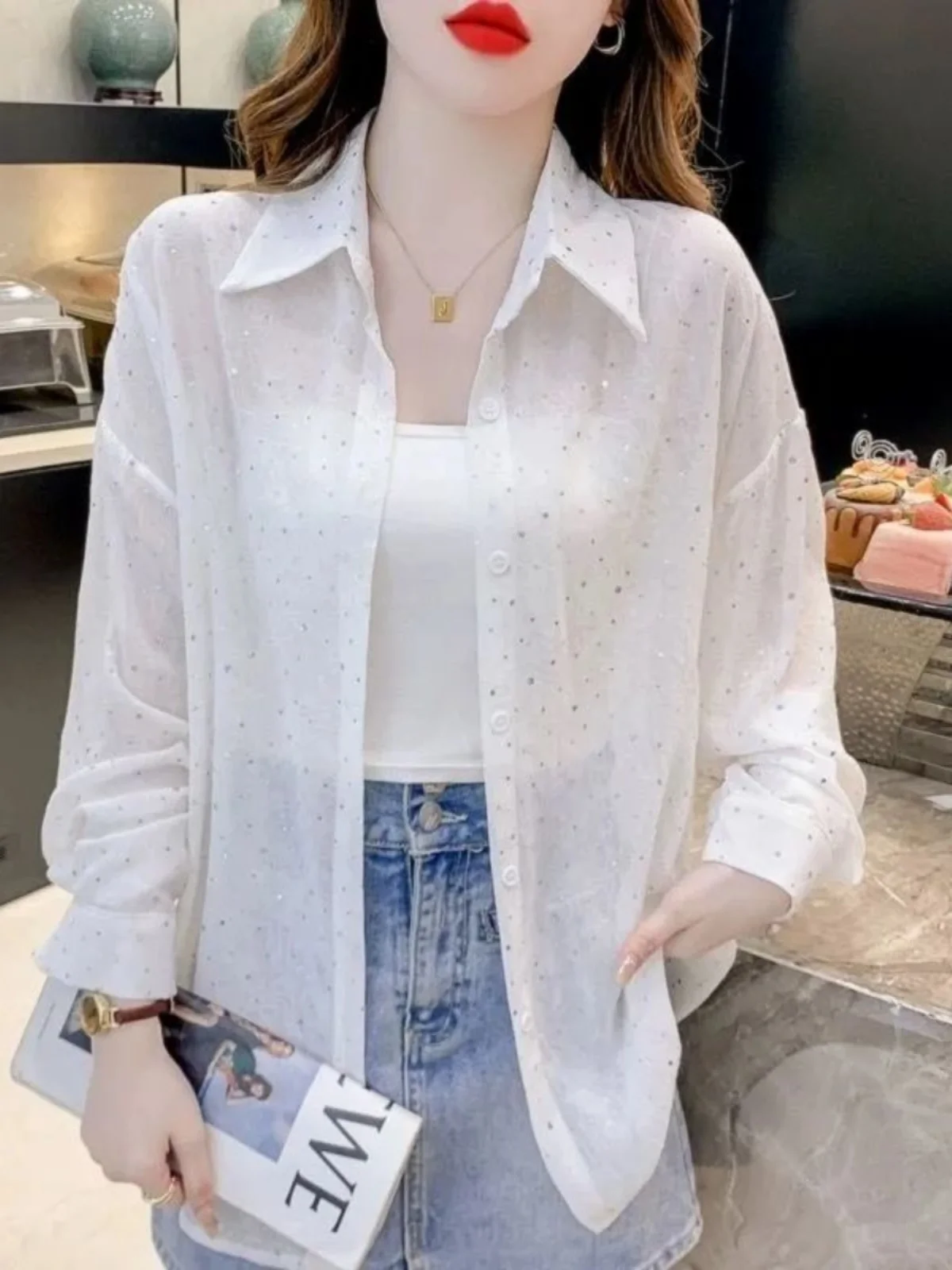 

Heavy Du Rhinestone Women's irt Lightweight Long Sve Transparent Slimming Summer Ne Open Cardigan Polyester