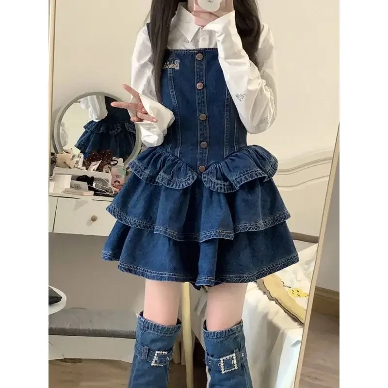 2022 New Versatile Denim Tank Dress Waist-fitted Puff Skirt Mini Petite Dress Set Fashionable Versatile For All Seasons