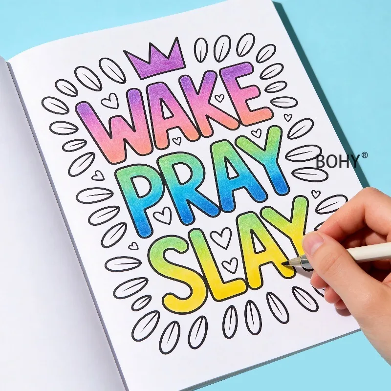 A Motivational English Slogan Stress Relieving Coloring Book, Positive Energy Creative Font Decoration Line Draft, 28 Pages