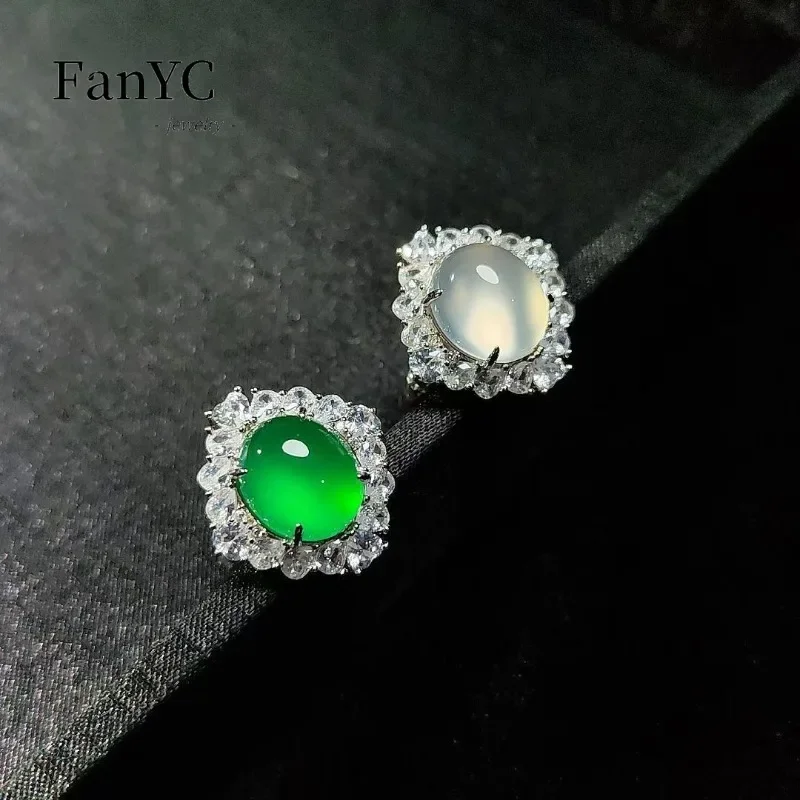 Natural Green Agate Egg Noodle Ring for Women 925 Silver Inlaid with Ice Yang Green Jade Ring Exquisite Fashion Jewelry Gift