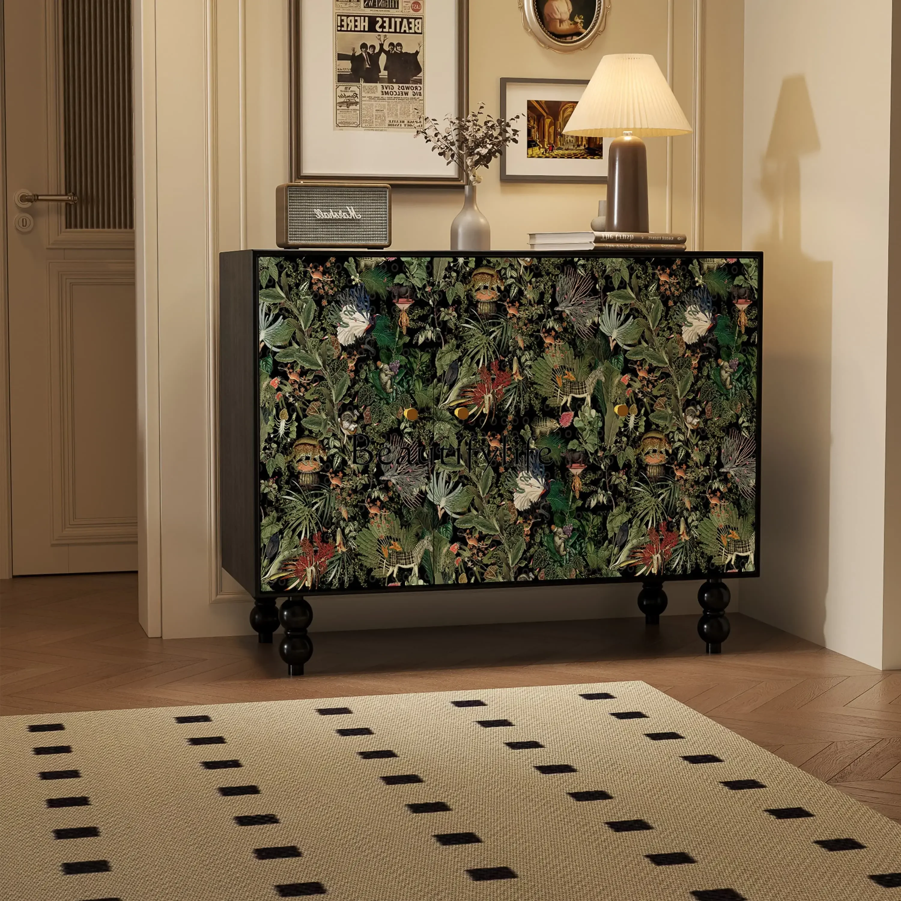 06All solid wood jungle French painting art solid wood entrance cabinet living room bed and breakfast side cabinet