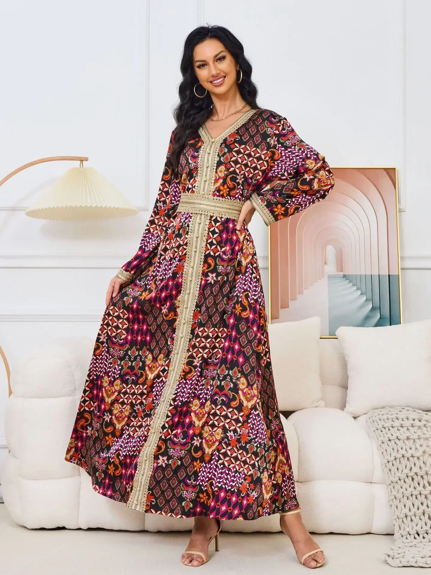 Fashion Elegant Maxi Dress V-neck Printed Abayas for Women Arabia Retro Chic Long Sleeve Dubai Abayas Clothes for Muslim Women