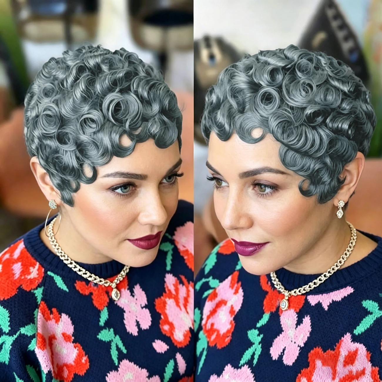 

Remy Human Hair Full Machine Made Wig, Gray Wavy Short Pixie Cut Wig Curly Daily Wig For Women