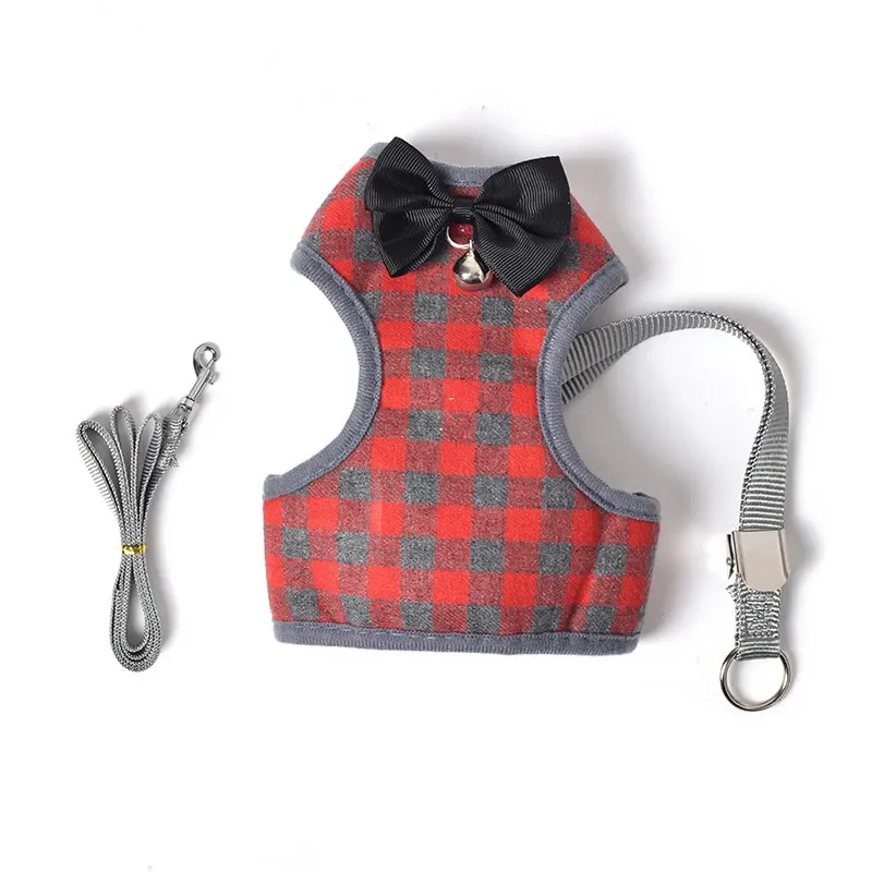 Plaid Dog Harness and Leash Set Pet Cat Vest Harness With Bowknot Mesh Padded For Small Dogs Chihuahua Yorkies French Pitbull