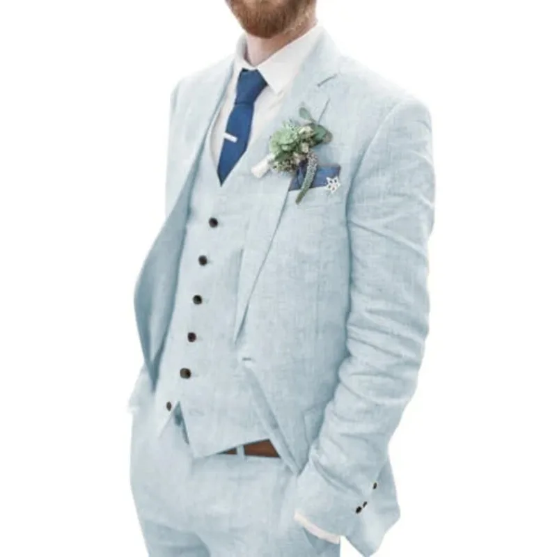 

Flax Men's Suit Customized 3 Piece Blazer Vest and Pant Set Full Man Terno Linen Suit Notched Lapel Casual Tuxedo Summer Wedding