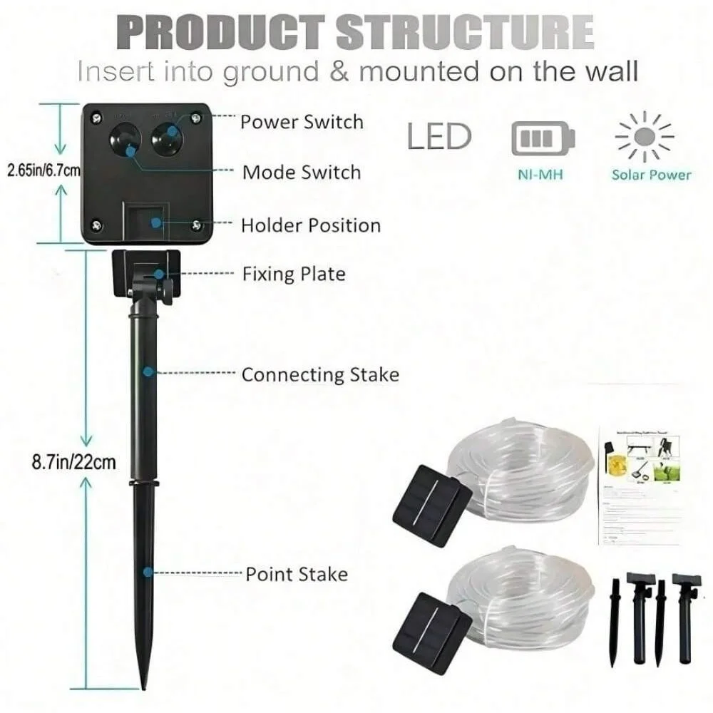 1PC 50/100/200LED ソーラーチューブライト、8モード屋外ライト、庭、裏庭、パティオ、デッキ、パーティー用の柔軟なクリアチューブライト