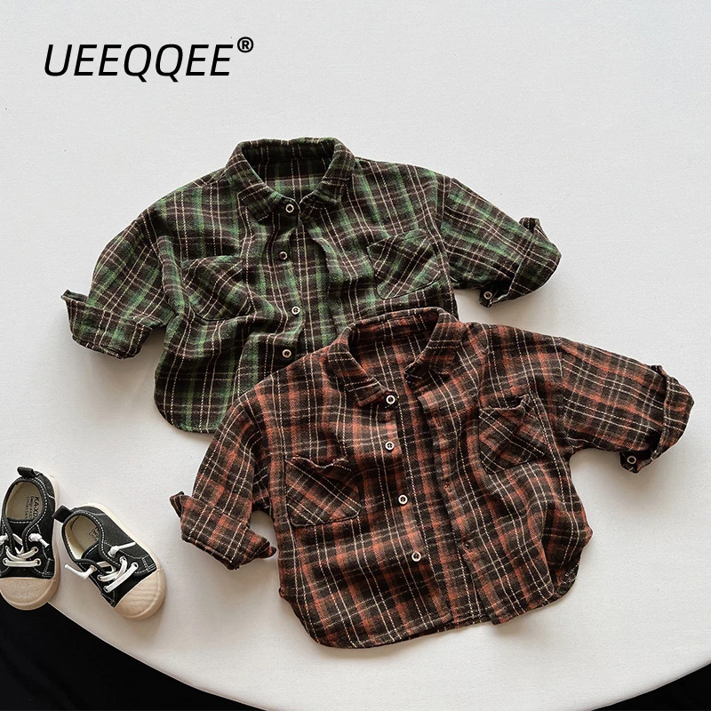 القطن منقوشة جيب زر 2023 ربيع الخريف جديد الأطفال قمصان الصبي عادية كم طويل القمم الاطفال ارتداء طفل الملابس ل 1-8Y