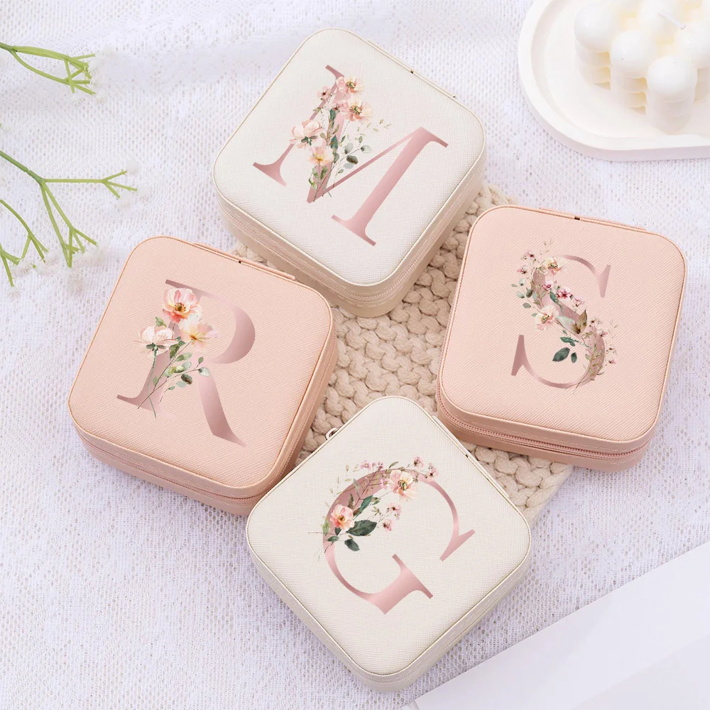 1pc Flower Letters PU Leather Jewelry Box for Women Travel Portable Ring Earrings Multi-grid Storage Organizer Wedding Gift