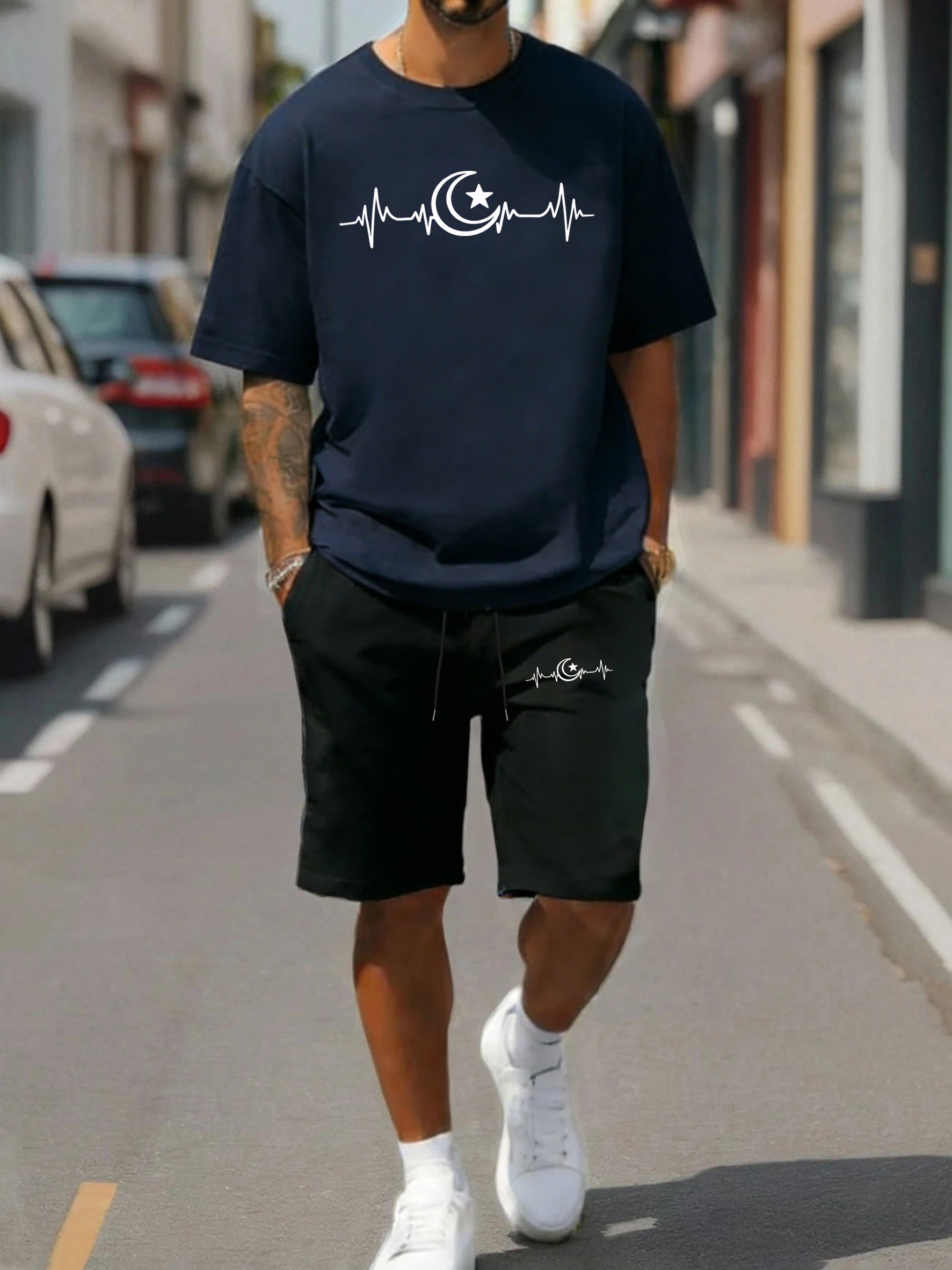 

Creative Ramadan Moon Star Design Men Sportsuit Cotton Loose Clothing Casual Drawstring Pants Summer Loose Mans Short Sleeve