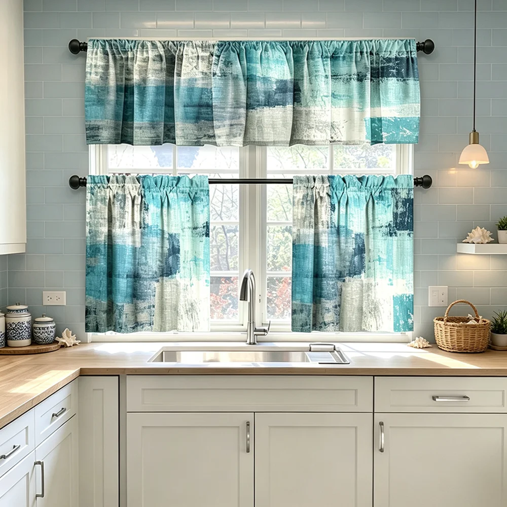 Kitchen Valance and Short Curtains Set, Teal Abstract Texture, Modern Abstract Style, Tier Curtains, Sweet Kitchen Decor