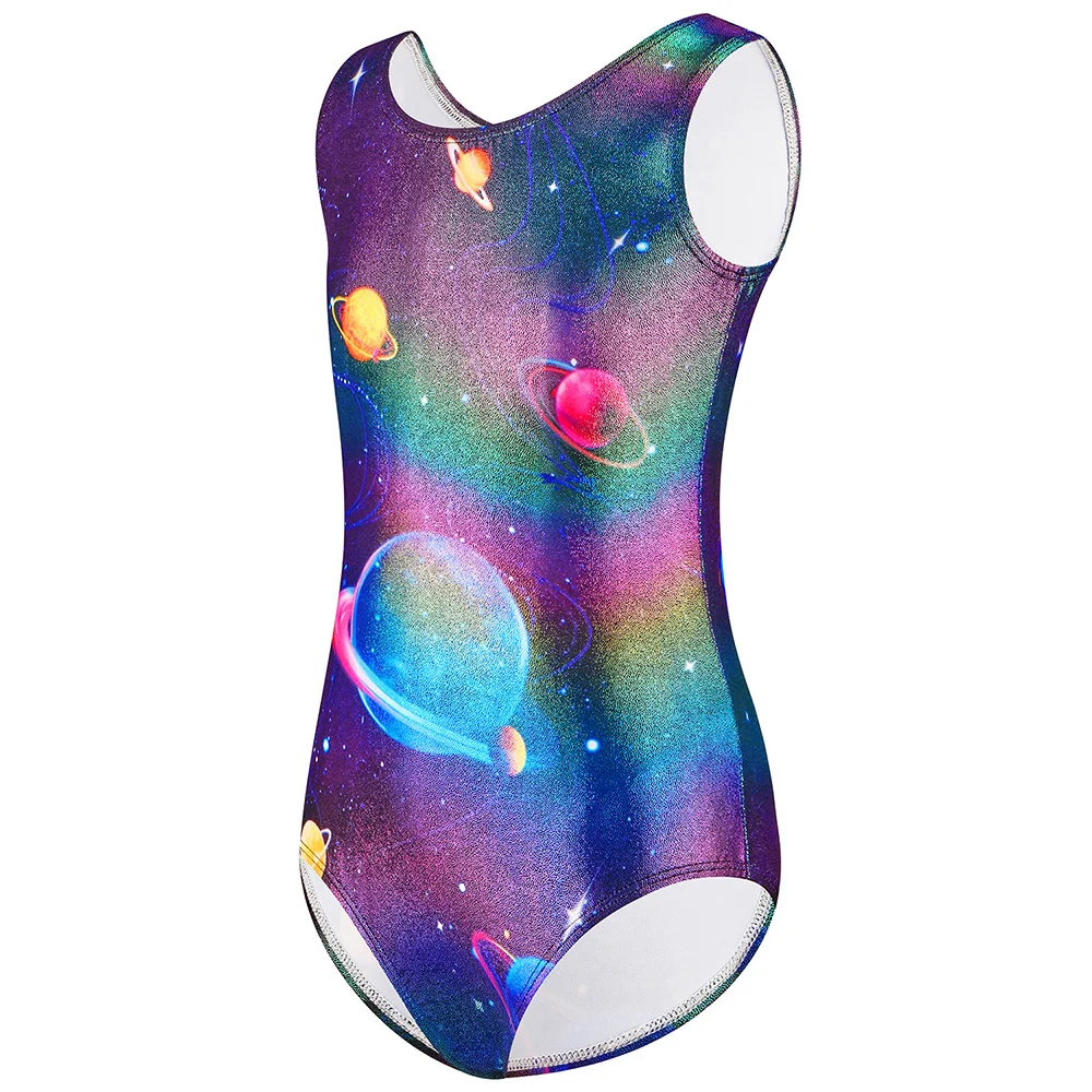 Kind Hoge Kwaliteit Spandex Glanzende Mouwloze Tank Maillots Ritmische Kunst Gymnastiek Pak Metallic Bodysuit Danskostuums Sparkly