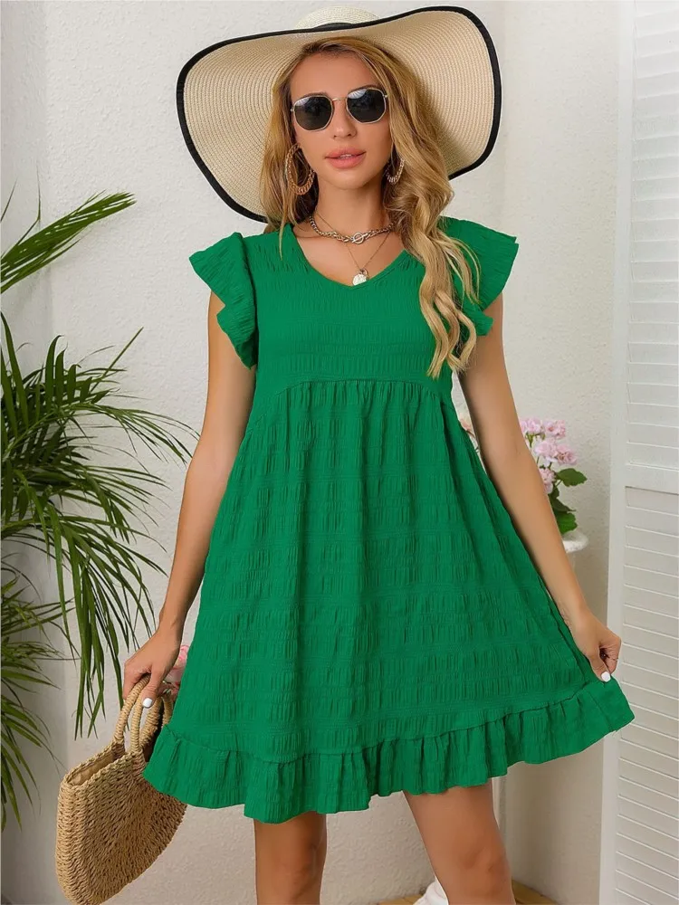 

2024 Elegant Women's Casual Loose Ruffle Mini Dress Bohemian Simple Solid V-neck Small Flying Sleeve Dresses For Women Vestidos