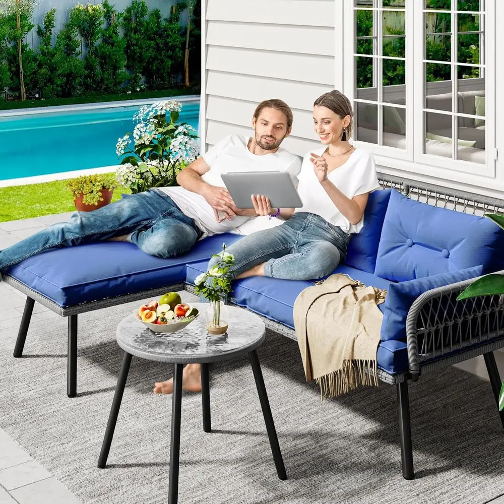 

Outdoor Patio urniture L-Shaped Contion Sectional Soa Set or Backyard, Porch w/Thick Cushions Detachable Lounger & Side Table (G