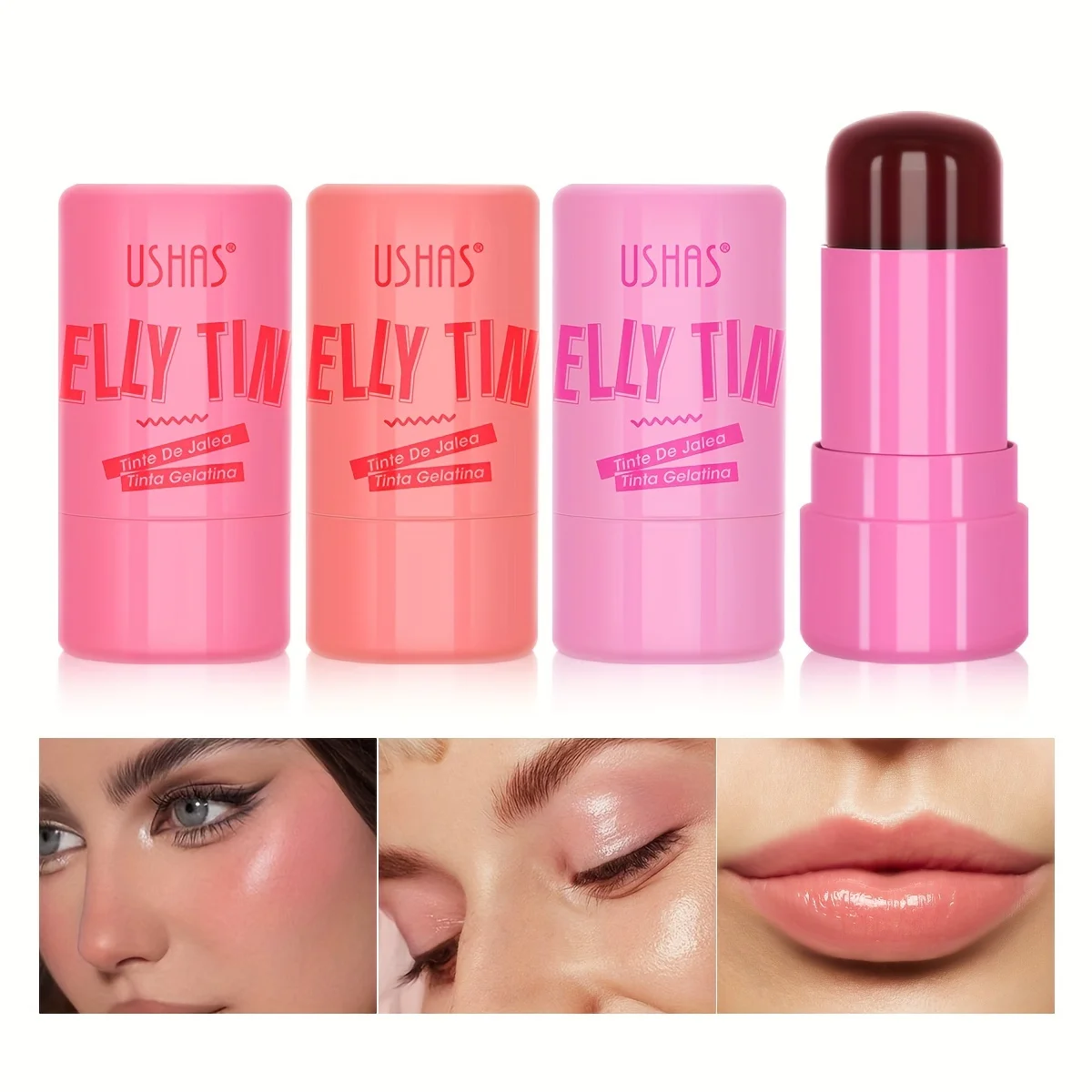 4 Colors Jelly Blush Stick Lip Balm Eyeshadow 3-in-1 Multi-Use Matte Blush Moisturize Brighten Lip Gloss