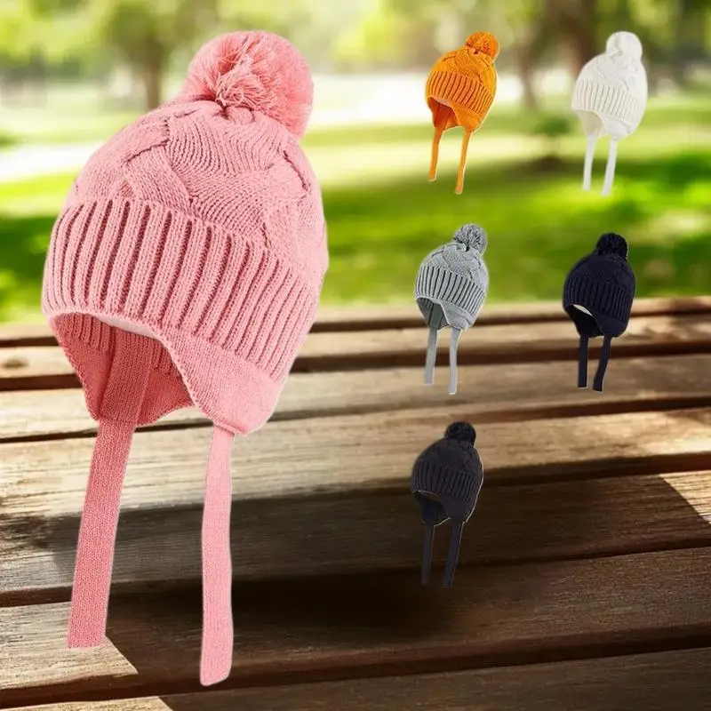 니트 아기 모자 스카프 세트 겨울 따뜻한 여자아이 비니 플리스 안감 유아 어린이 모자 폼폼 장식