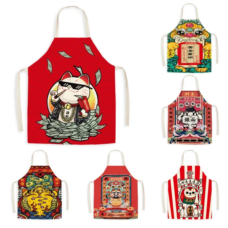 Linen Apron Japanese Cartoon Lucky Cat No Repair Bib Parent-child Couples Waterproof Antifouling Household Kitchen Supplies