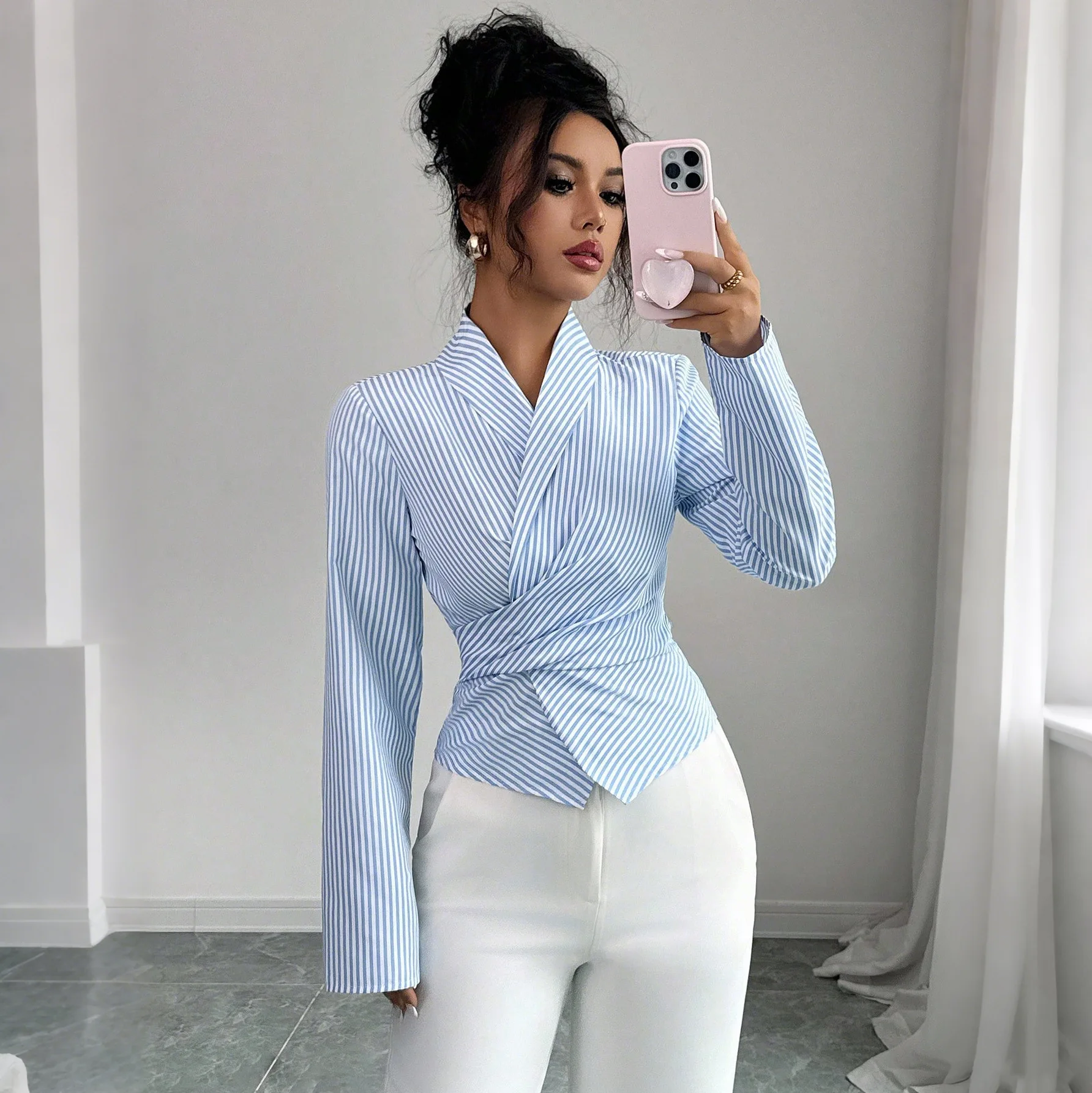 

New Lace Up Waist Cinching Slimming Striped Women's Shirt Long Sleeved Shirt European Irregular Waist Cinch Bow Decoration Shirt