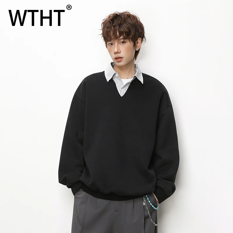 WTHT Fashion Men's Spliced Striped Fake Two-pieve Design T-shirts Trendy Turn Down Collar Pullover Male 2026 Spring 2A2700