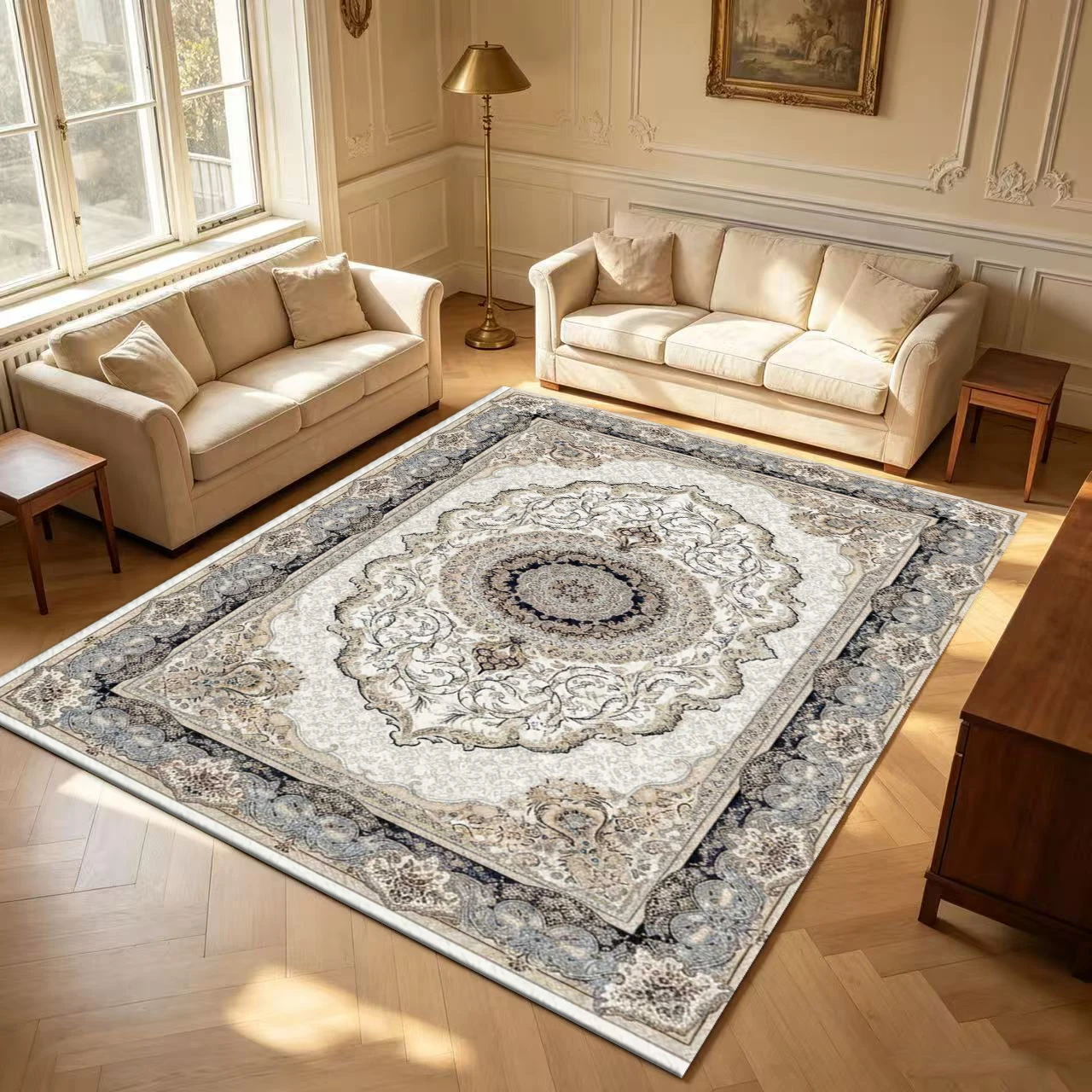 Elegant Cream Blue Medal Pattern Carpet, Luxurious Persian Non-Slip Carpet, Suitable for Living Room, Bedroom, and Home Interior Decoration