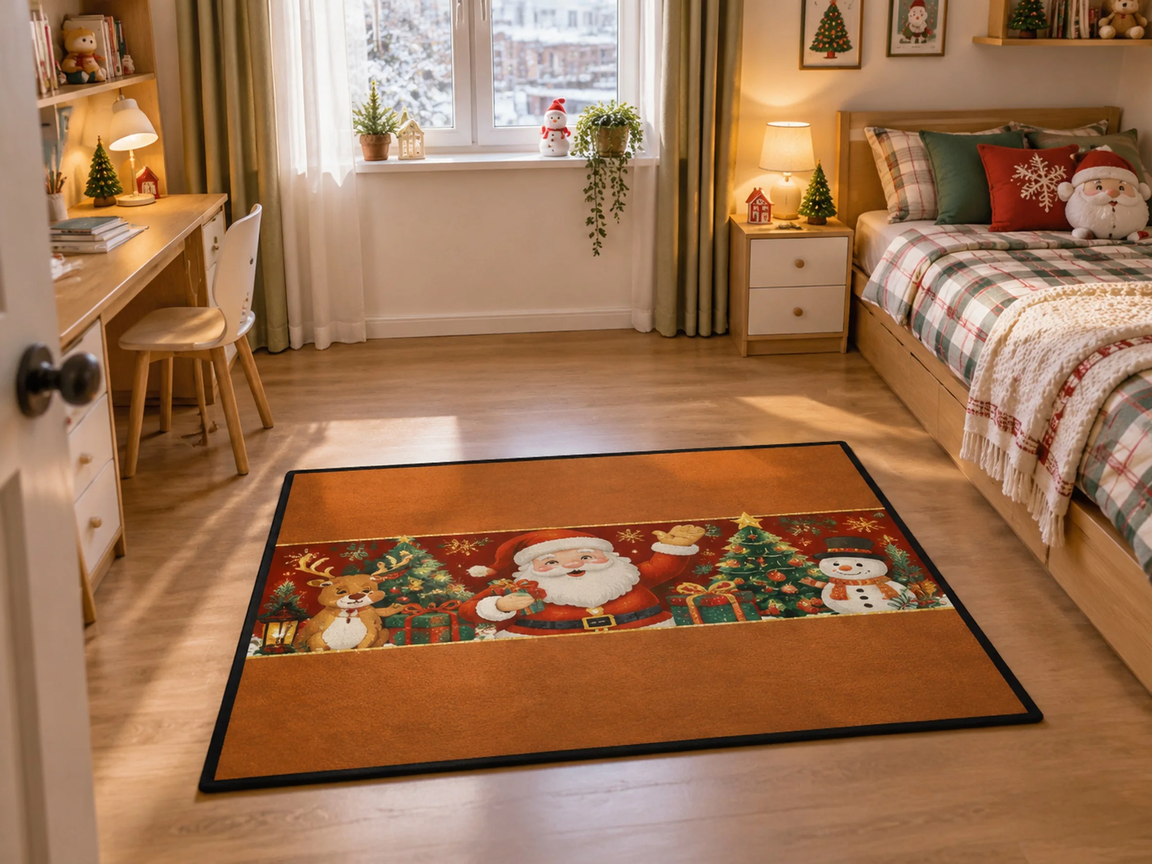 VIKAMA Christmas Amber Brown Santa Flannel Door Mat, Non-Slip Washable Xmas Mat, Xmas Decor for Kids Room, Office, Balcony