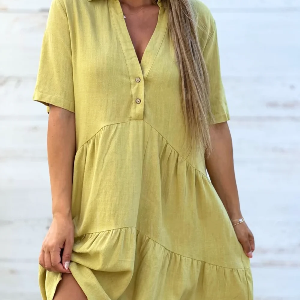 Women Summer Dress Cotton Linen Loose Lapel Short Sleeve Solid Color Casual Elegant Breathable Midi Style Daily Outfits
