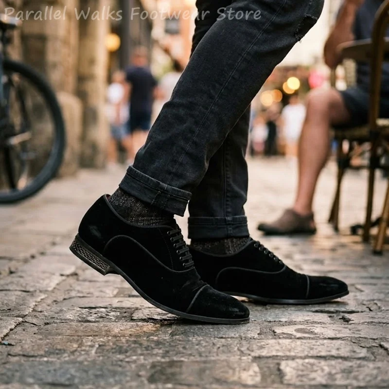 Men Black Faux Suede Cap Toe Oxford Shoes Lace Up Smart Casual Business Chic Dress Shoes Wedding Party Evening Low Heel Footwear