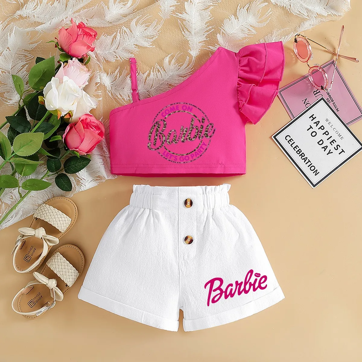 Barbie Children Clothing Kawaii Soft Summer Suit Y2K Girls Slanted Shoulders Suspender Top Shorts All Match Loose Short Sleeve