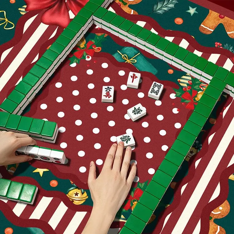 VIKAMA Christmas Mahjong Table Mat Red Green Plaid Dragon Jokers Print Square Game Table Cover Holiday Party Cozy Decor