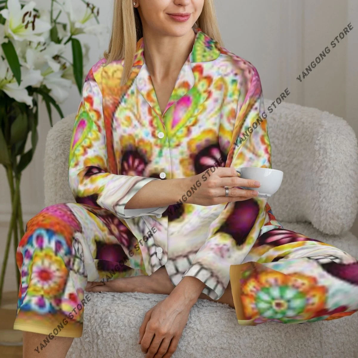 Spring and Autumn Pajama Set Women's Long Sleeve Pants Two Sugar Skull Art- Colorful Day Of The Dead Art Home Furnishing Set