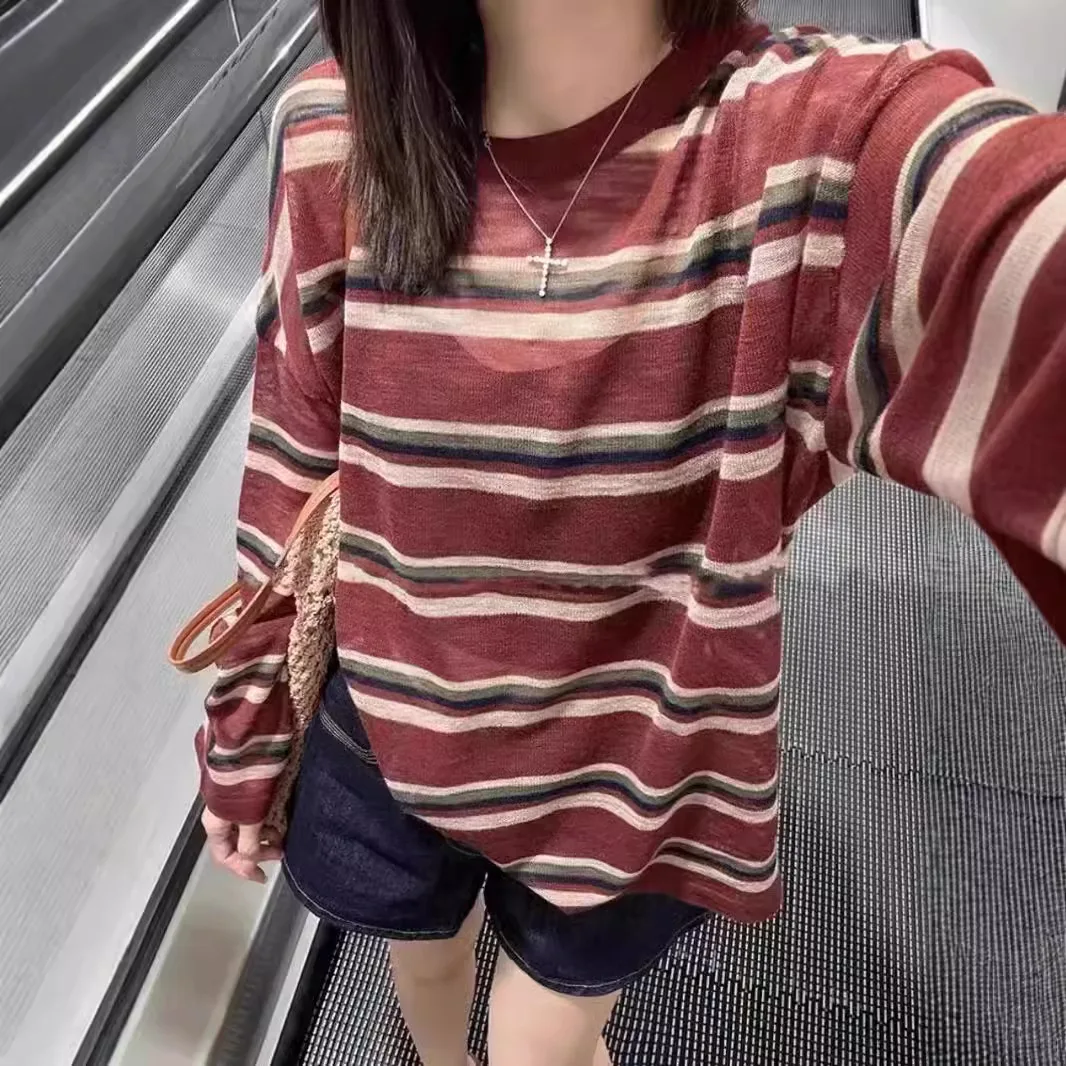 Summer New Women's Loose Casual Long Sleeve round Neck T-Shirt Color Block Stripe Design Anti UV Top Elegant Unique Fashion