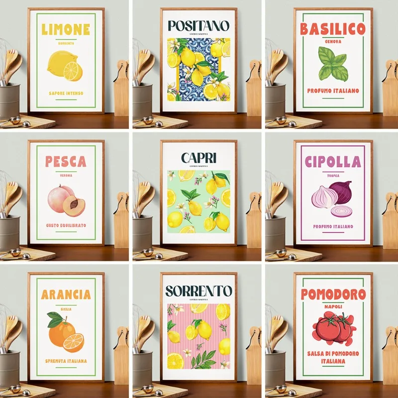 Retro Food Fruits Vegetables Pizza Tomato Pasta Posters and Prints Canvas Printing Wall Art Picture for Kitchen Restaurant Decor