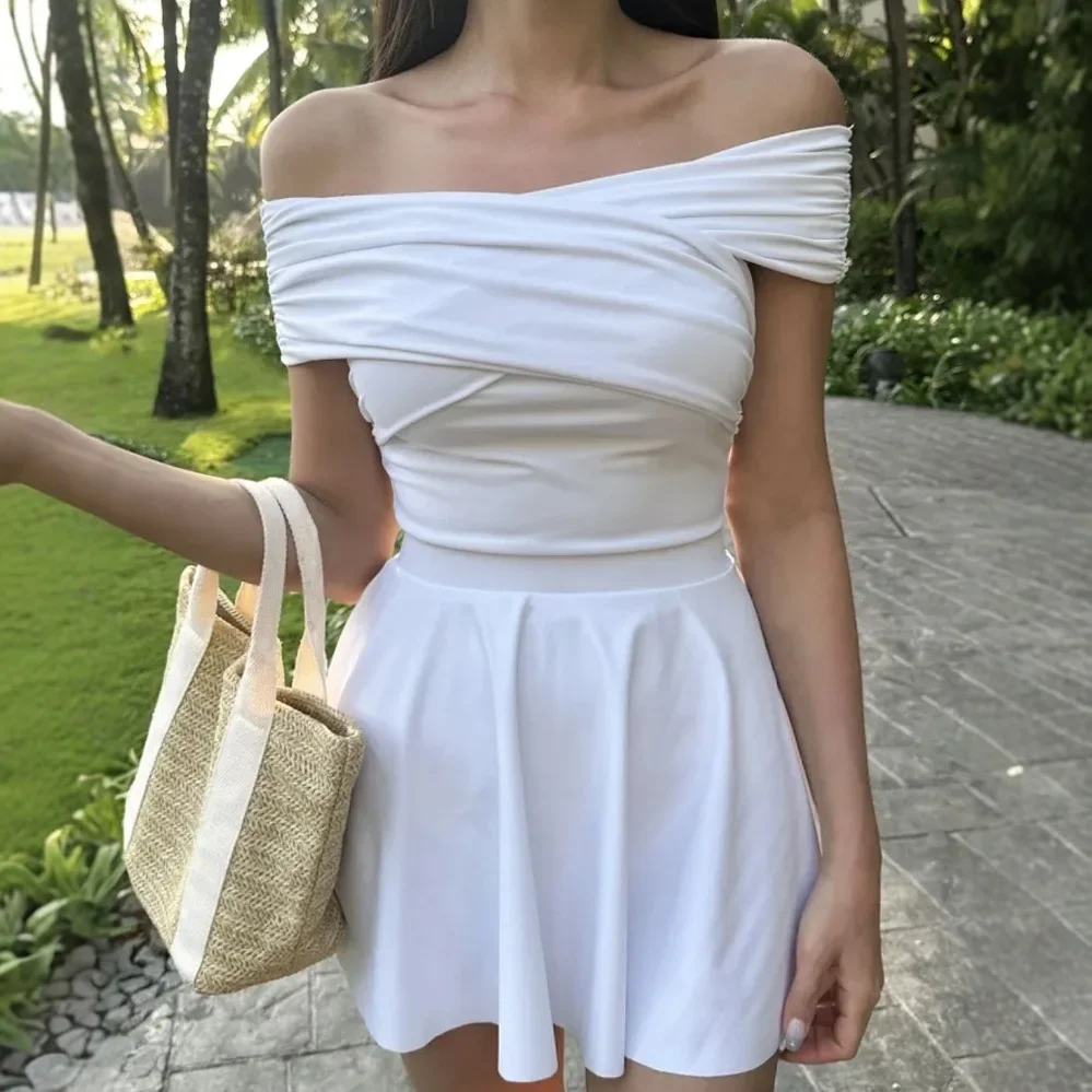 

White Off The Shoulder Swimwear Women 2025 Sexy Short Sleeve One Piece Swimsuit Bathing Suit Skirt Korean Beach Wear Monokini