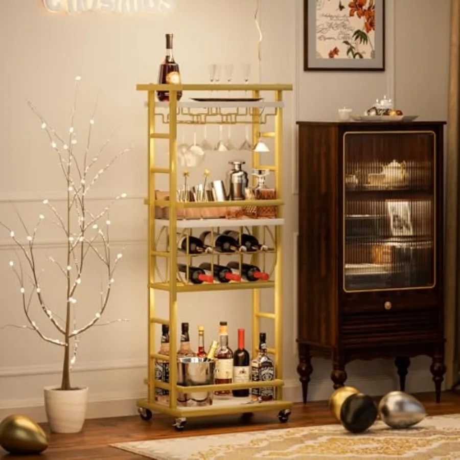 4 Tier Bar Cart with Wheels Home Bar Serving Cart Rolling Mini Wine Cart with Wine Rack and Glass Holder Drink Cart for Dining