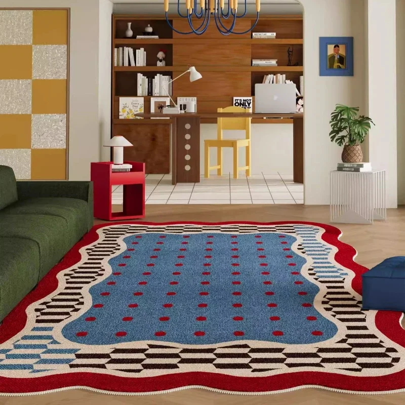 Retro Style Living Room Decoration Carpets Red Blue Rugs for Bedroom Art Grid Bedside Rug Fluffy Soft Home Irregular Floor Mat