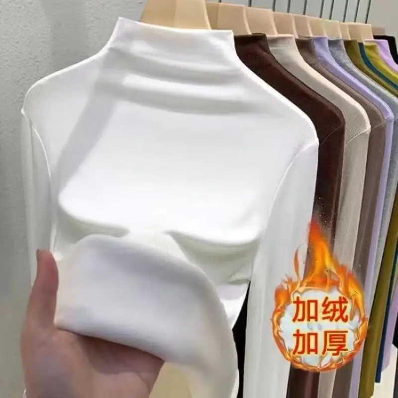 فتاة الخريف الشتاء الصوف مبطن وهمية الرقبة قاعدة طبقة جديدة رشاقته الحد الأدنى البلوز القمم الدفء الذاتي زراعة الملابس الداخلية