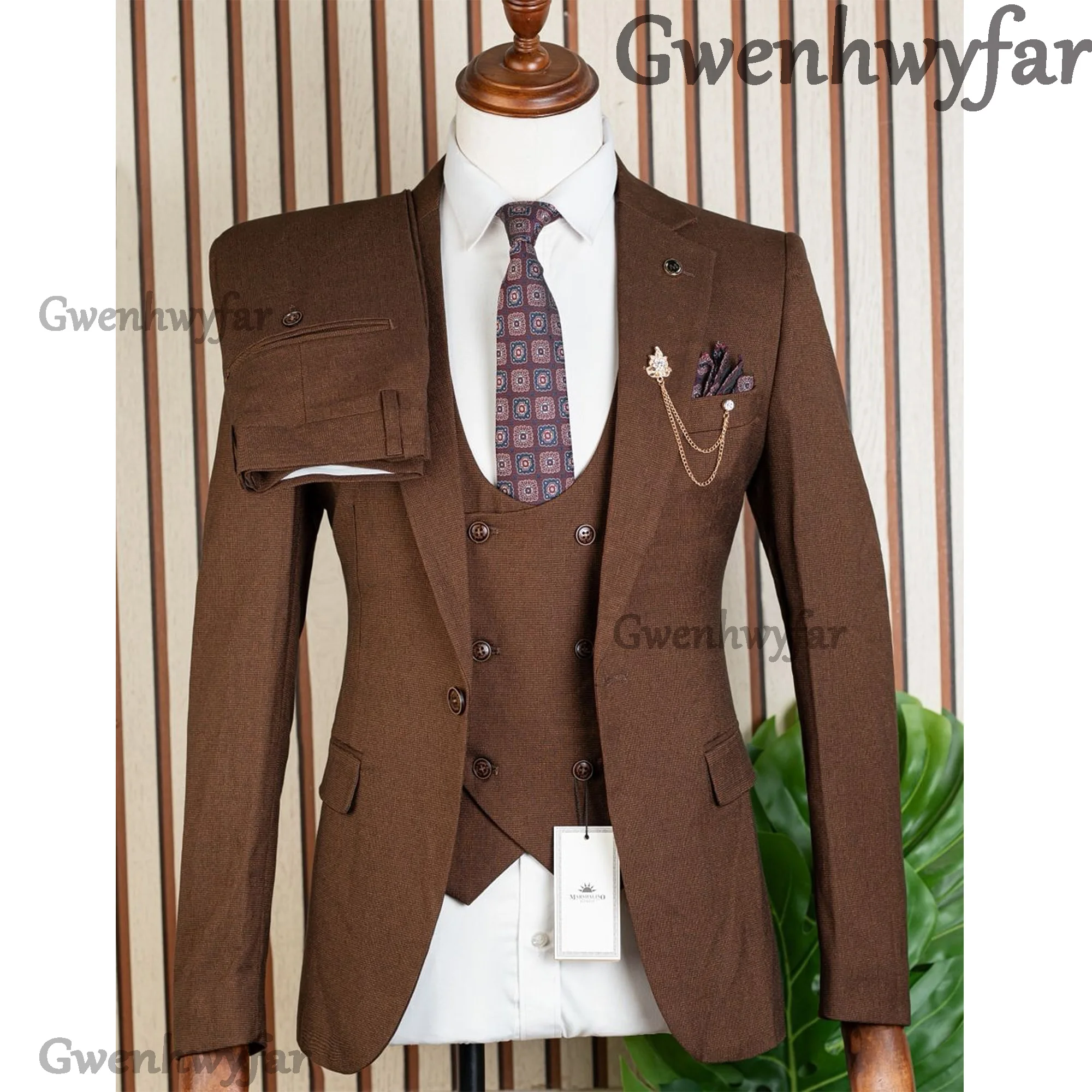 

Gwenhwyfar Brown Textured Fabric High-End Men Suit Collar Suit Male Wedding Groom Slim Fit Standerd Size Blazer Set Tuxedo Party