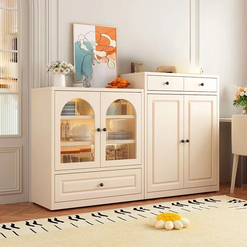 

Modern cream-colored style sideboard, curved glass door, drawer-style storage cabinet, minimalist design