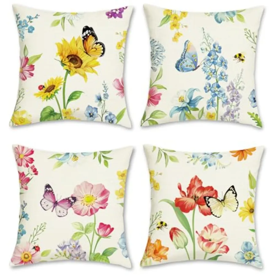 

Throw Pillow Covers 18 x 18 Inch Flowers Butterflies Polyester Linen Decorative Pillow Cases for Couch Sofa Bed Home Outdoor De