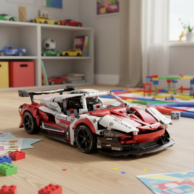NOWY Techniczny Zestaw Klocków do Budowania Czerwonego Samochodu Wyścigowego Kreatywny Model DIY Dekoracja na Biurko Super Pojazd Zabawki dla Chłopców i Dzieci