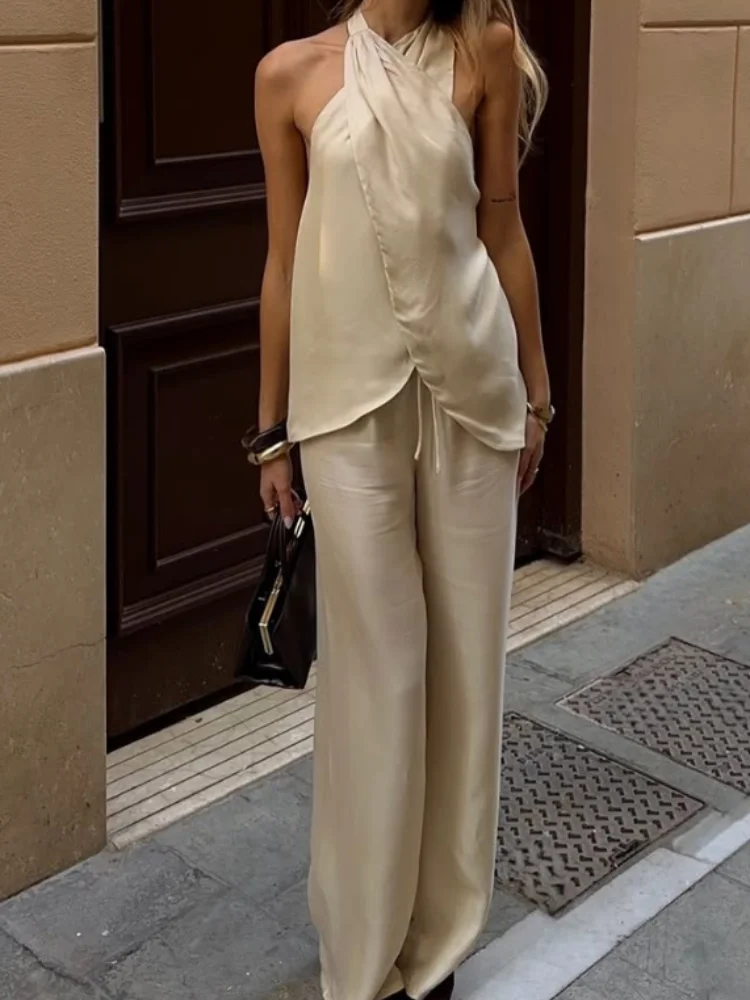 Cross Straps Halter Top Pant Set  Women Chic Fashion Sleeveless Top Straight-leg Pants Suit Casual 2026 New Street Commute Sets