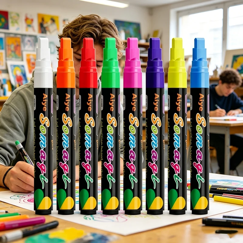 8 Colors 7mm Wet Erasable Chalk Markers, Washable Neon Liquid Pens for Blackboard, Signboard, Glass and Window DIY Drawing