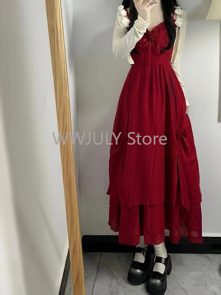 Elegant Holiady Dress Set Woman Casual Y2k Crop Tops + Red Sexy Sleeveless Midi Dress Vacation Style Korean Fashion 2 Piece Set