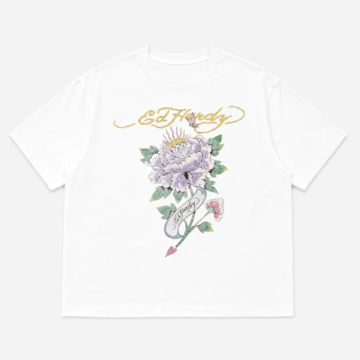 Ed Hardy Purple Peony Heart Arrow Banner Print T Shirt Unisex Loose Oversized Harajuku Streetwear Cotton Summer Graphic Tee